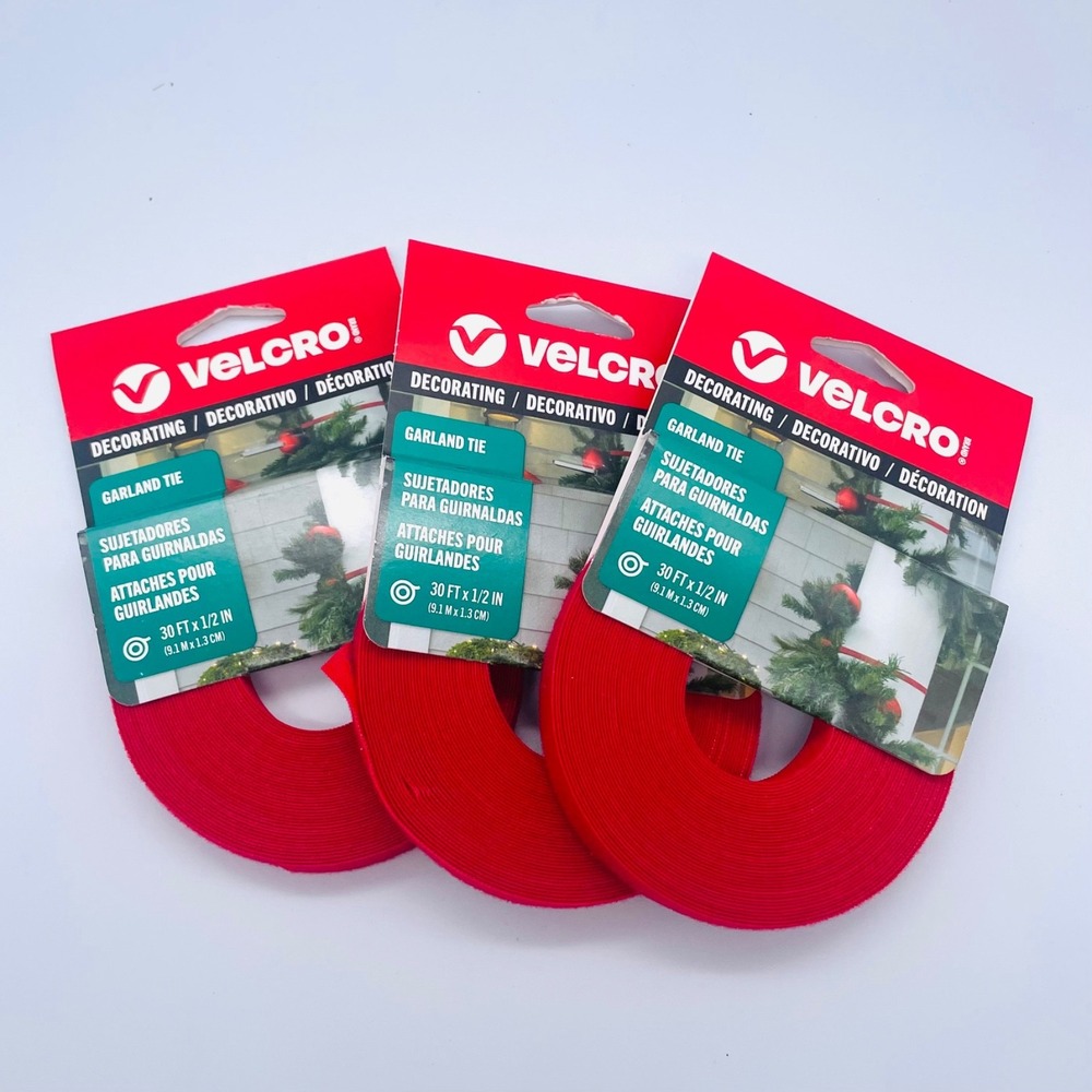 3 VELCRO Brand 1/2" × 30ft Red Multipurpose~Holiday‎ Decorating  Garland Ties